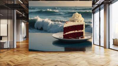 Slice of red velvet cake with cream cheese frosting on a table, with the ocean waves gently crashing in the background. Wall mural