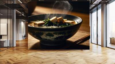 Steaming bowl of miso soup with tofu and seaweed, highlighted by a spotlight creating deep shadows and a warm glow. Wall mural