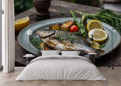 Whole grilled fish with lemon slices and herbs, served on a rustic plate with a side of grilled vegetables. Wall mural