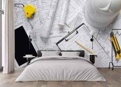 architect design working drawing sketch plans blueprints and making architectural construction model in architect studio,flat lay long banner. Wall mural