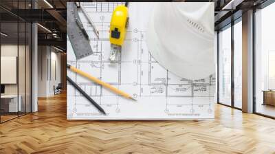 architect design working drawing sketch plans blueprints and making architectural construction model in architect studio,flat lay long banner Wall mural