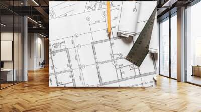 architect design working drawing sketch plans blueprints and making architectural construction model in architect studio,flat lay. Wall mural