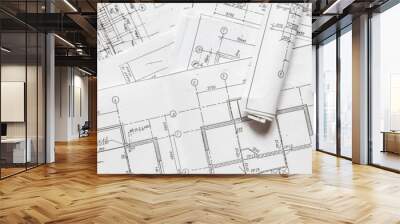 architect design working drawing sketch plans blueprints and making architectural construction model in architect studio,flat lay. Wall mural