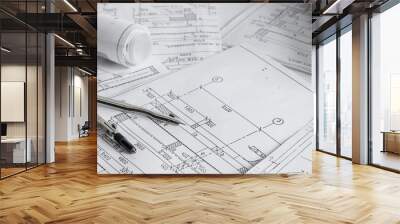 architect design working drawing sketch plans blueprints and making architectural construction model in architect studio,flat lay. Wall mural