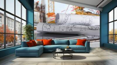 architect design working drawing sketch plans blueprints and making architectural construction model in architect studio long banner Wall mural