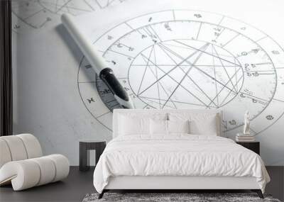 Astrology. Astrologer calculates a natal chart and makes a forecast of fate. Astrological forecast, mysticism, science. Astrological background. Wall mural