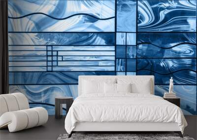 Classic blue color of the year 2020 Glass stained glass with colorful graphic pattern, abstract trend stained glass background Wall mural