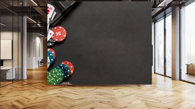 Gambling flat lay.Close-up cards for playing poker on a gaming table in a casino against a background of chips. Background for a gaming business.Long baner Wall mural