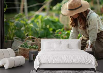 garden house. A girl replants green pasture in her home garden. Interior garden, banner with plants. Green Plants in Pots in the Garden, Indoor Jungle, Gardening in the Garden, Plant Room,  Wall mural