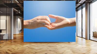 Helping hand concept. Gesture, a sign of help and hope. Two hands take each other. Against the background of blue sky banner. Wall mural