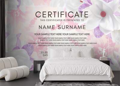 Certificate vector template with flowers. Floral background with magnolia and orchid flowers for diploma, wedding invitation, romantic summer design Wall mural