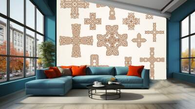 Cross shape collection. Religious symbol of Christian faith isolated on background. Vintage vector element set useful as art decoration for religious holiday Wall mural