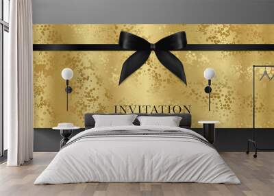 Luxurious VIP Invitation template with black bow, ribbon on golden textured background. Premium class design for Gift certificate, Voucher, Gift card  Wall mural