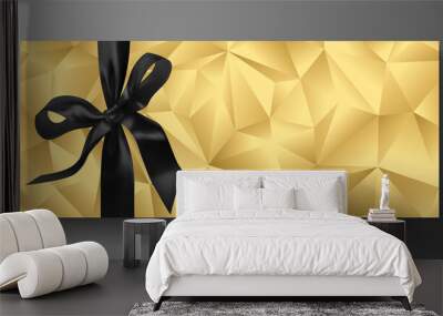 Luxurious VIP Invitation template with gold polygon background, black bow (ribbon), geometric poly pattern (triangle texture). Premium design template useful for Gift certificate, Voucher, Gift card Wall mural