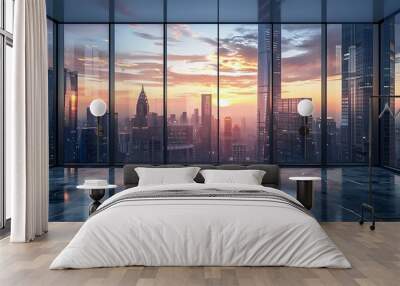 A large room with a view of a city skyline with building at sunset Wall mural