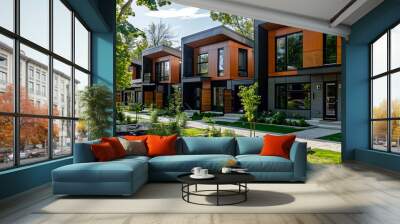 A row of buildings with plants and a garden. Modern townhomes with large windows Wall mural