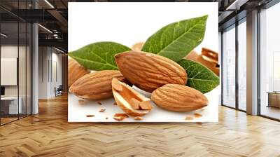 Almond nuts with leaves isolated on white background Wall mural