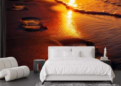 Beautiful seascape with footprints on the beach at sunset Wall mural