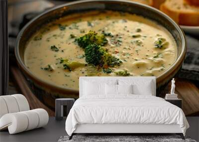 Creamy broccoli soup with cheese and paprika in a bowl Wall mural