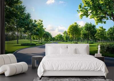 Empty asphalt road in the park with green grass and tree background. Wall mural