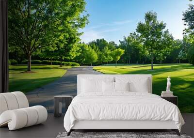 Empty asphalt road in the park with green grass and tree background. Wall mural