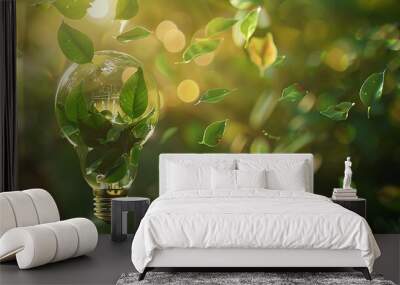 Green energy concept with light bulb and leaves. Wall mural