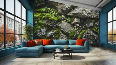 Green moss on black stone background Wall mural