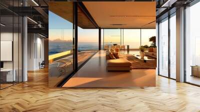 Interior of a modern living room with a view of the sea Wall mural