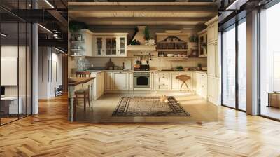 Luxury kitchen with white cabinets and wooden beams Wall mural