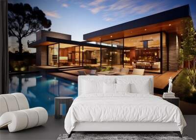 Luxury modern house with swimming pool at night Wall mural