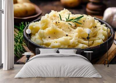 Mashed potatoes with garlic and dill in a rustic bowl Wall mural