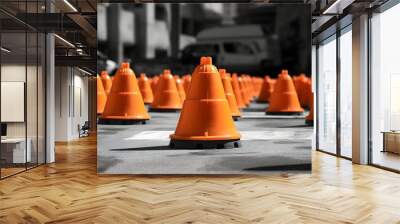 Traffic cones on the street in the evening Wall mural