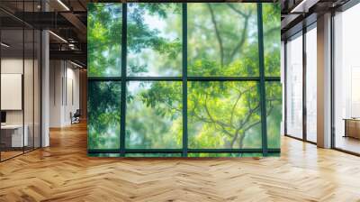 Green building reflection of trees in glass window Wall mural