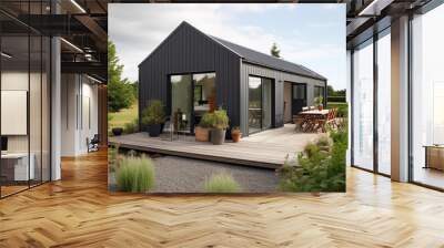 Tiny one floor timber frame house with double front doors and terrace design  Wall mural