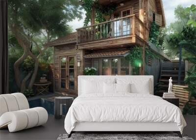 tiny two floor timber frame house with single front doors and terrace with indonesia theme design wi Wall mural