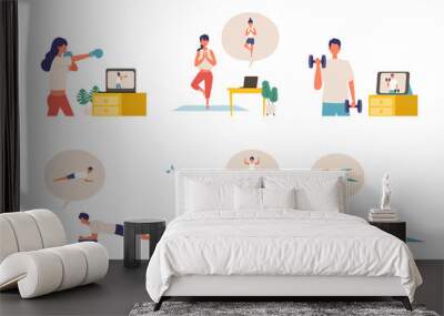 Online fitness concept. Work out via monitor, laptop, tablet. Vector illustration of a people relaxing in their home. Wall mural