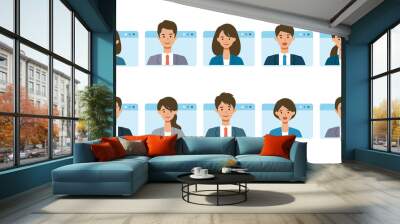 Smiling people in virtual window frames. Vector illustration of people having communication via telecommuting system. Wall mural