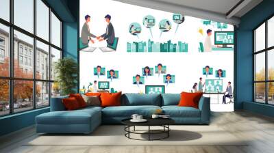 Telecommuting concept. Vector illustration of people having communication via telecommuting system. Concept for any telework illustration, video conference, workers at home. Wall mural