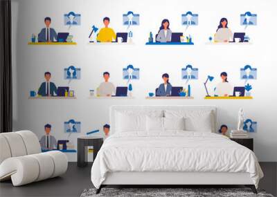 Telecommuting concept. Vector illustration of people having communication via telecommuting system. Concept for video conference, workers at home or office. Wall mural