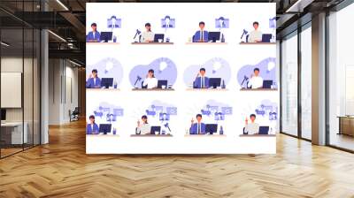 Telecommuting concept. Vector illustration of people having communication via telecommuting system. Wall mural