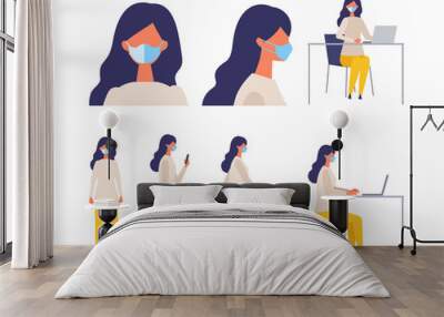 Vector flat illustration of people wearing a surgical mask Wall mural