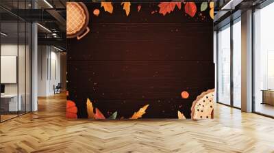 Abstract cartoon of turkey grill, pie, pumpkin, cornucopia , decorate on dark natural wood table Wall mural