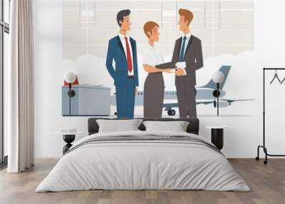 Illustration of business people stand during a meeting in a business. The two Leader standing in front of them and shake hand together in airplane transport business Wall mural