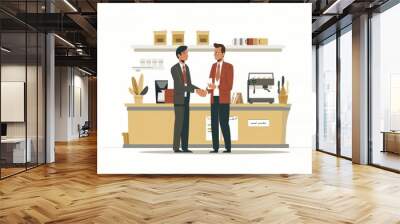 Illustration of business people stand during a meeting in a business. The two Leader standing in front of them and shake hand together in coffee shop Wall mural