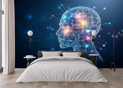 robot head Artificial intelligence in abstract blue and purple network with glowing line and node stye. Wall mural