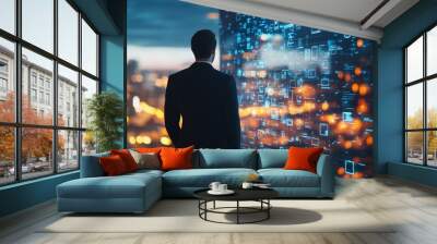 the rule of third composition shot of half body back view of Businessman standing with a digital hologram of many big of business icon on a blurred background. Wall mural