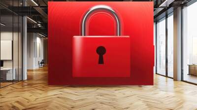 A bright red padlock centered on a matching red background, representing data security, encryption, and protection in a bold visual style.. Wall mural