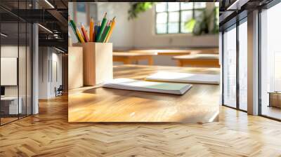 A desk with two pencil cases and a notebook Wall mural