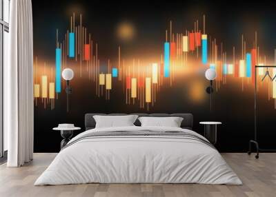 A glowing stock market chart featuring red, blue, and orange bars against a dark background, representing financial data analysis and trading trends. Wall mural