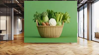 A wicker basket filled with fresh green vegetables like broccoli, lettuce, and celery on a green background symbolizing healthy organic produce. Wall mural